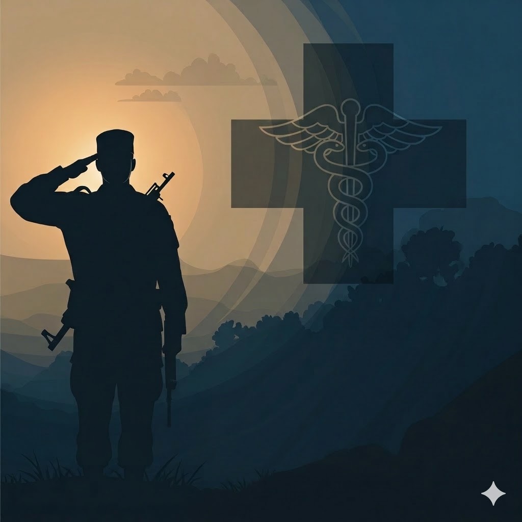 Military servicemember silhouette with medical cross